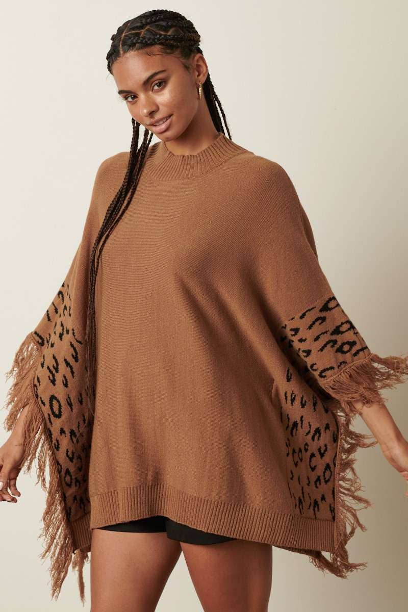ANIMAL PRINT DETAIL TASSEL OVERSIZED PONCHO