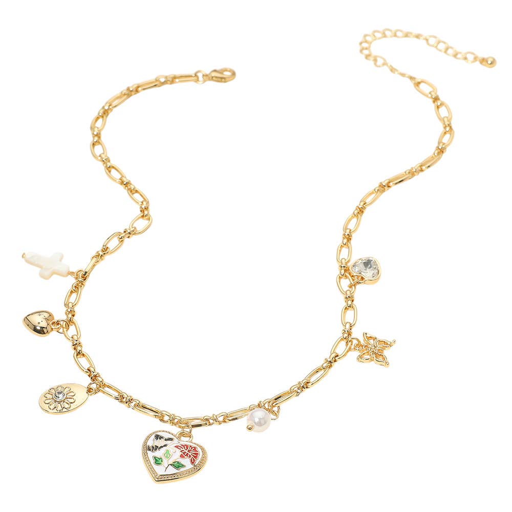 Butterfly Flower Enamel Detailed Heart Pendant Charm Station Necklace: Black,Gold
