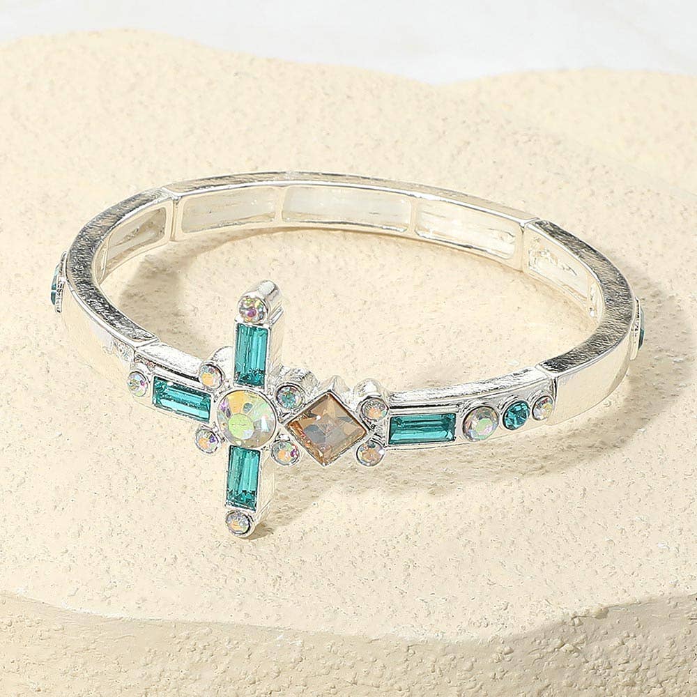 Mixed Stone Cross Accent Stretch Bracelet