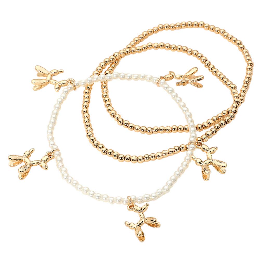 3PCS - Gold Dipped Balloon Dog Charm Metal Ball Pearl Beaded Stretch Multi Layered Bracelets