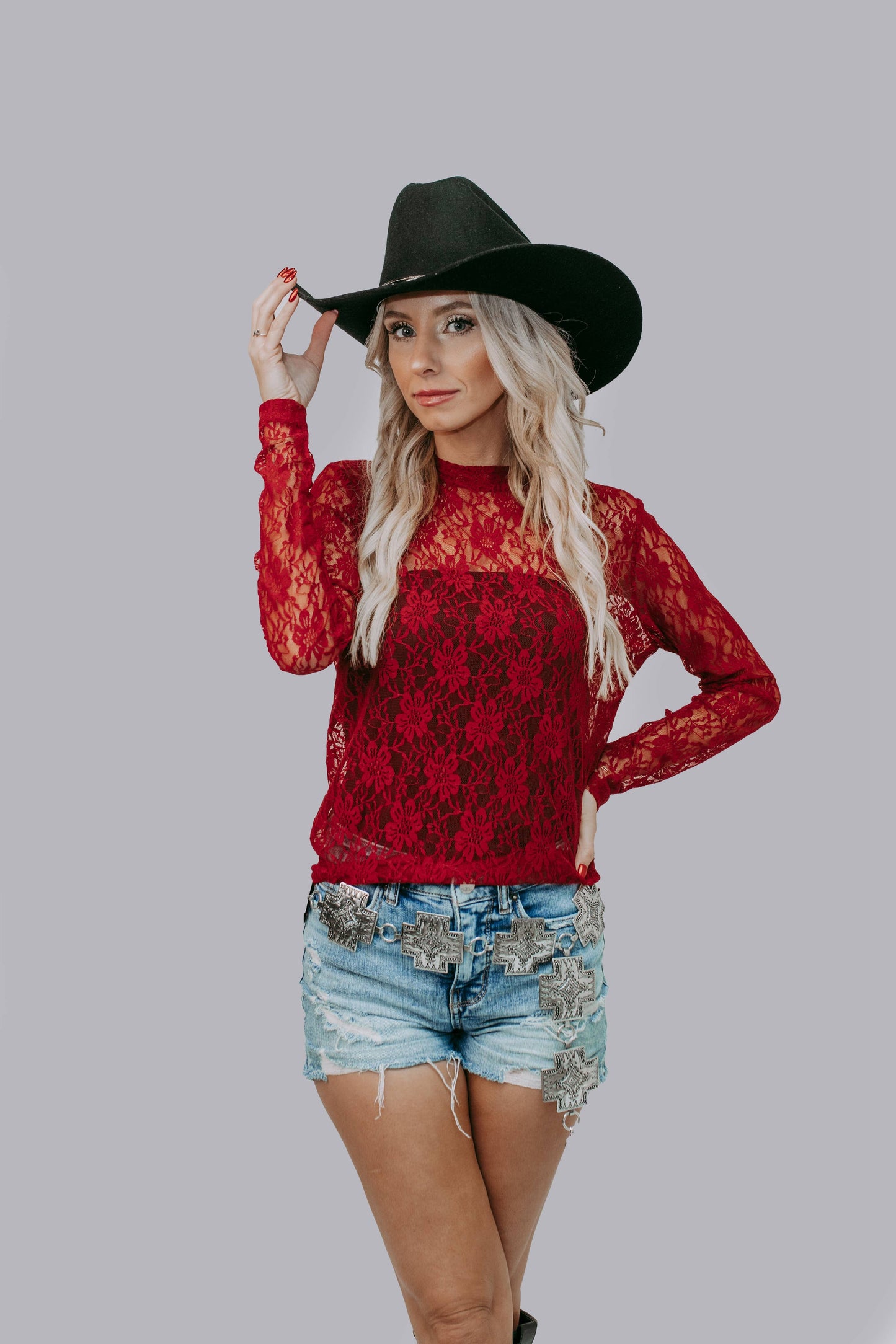 MK570BG Flower Lace Top: Burgundy / 3XL
