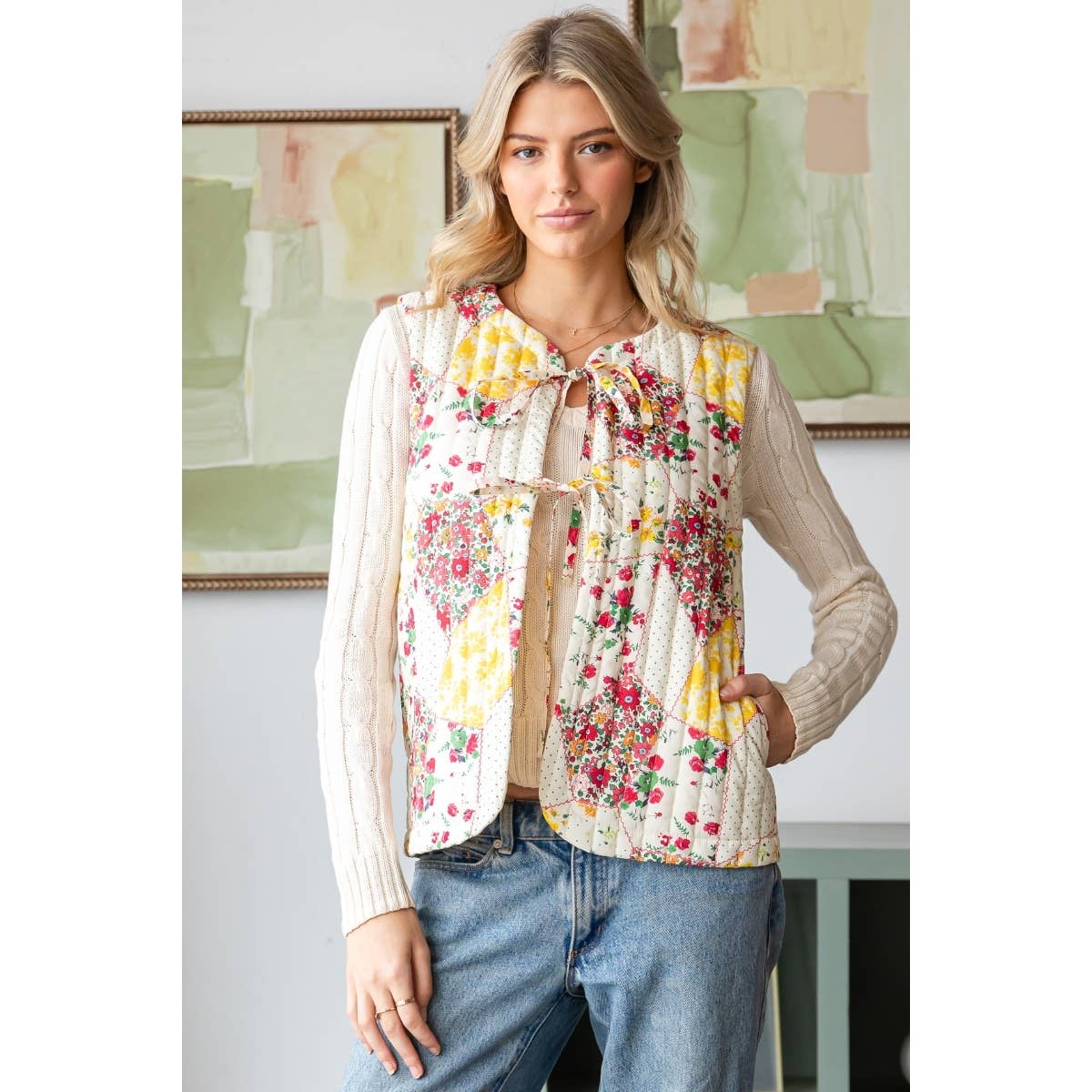 Multi Flower Quilted Vest with Front Ribbon