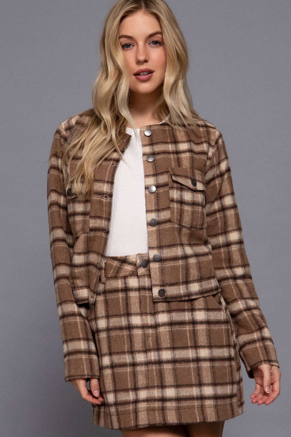 Long Sleeve Round Neck Brushed Plaid Jacket