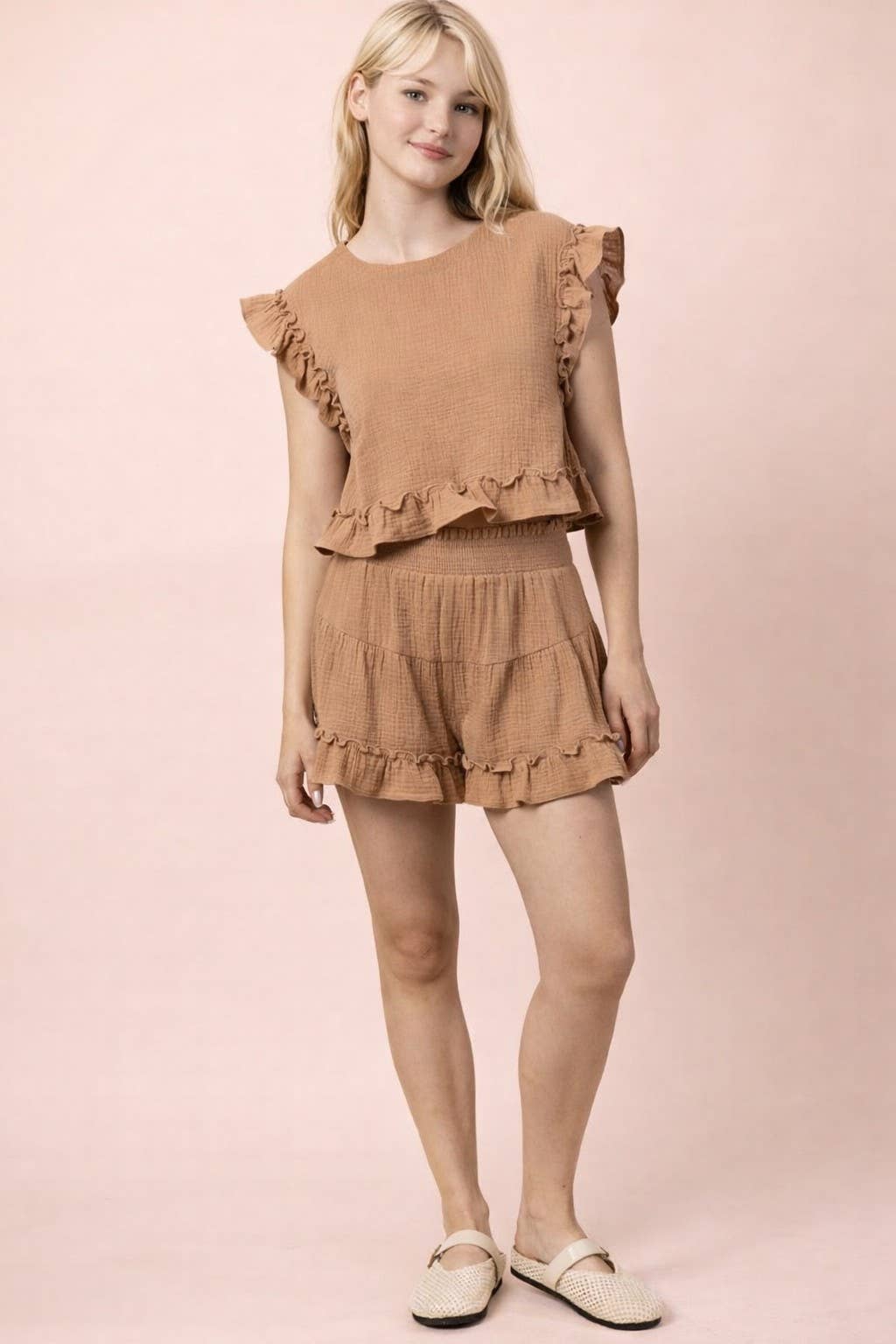 Very J Blue Ruffled Solid Woven Top & Shorts Set