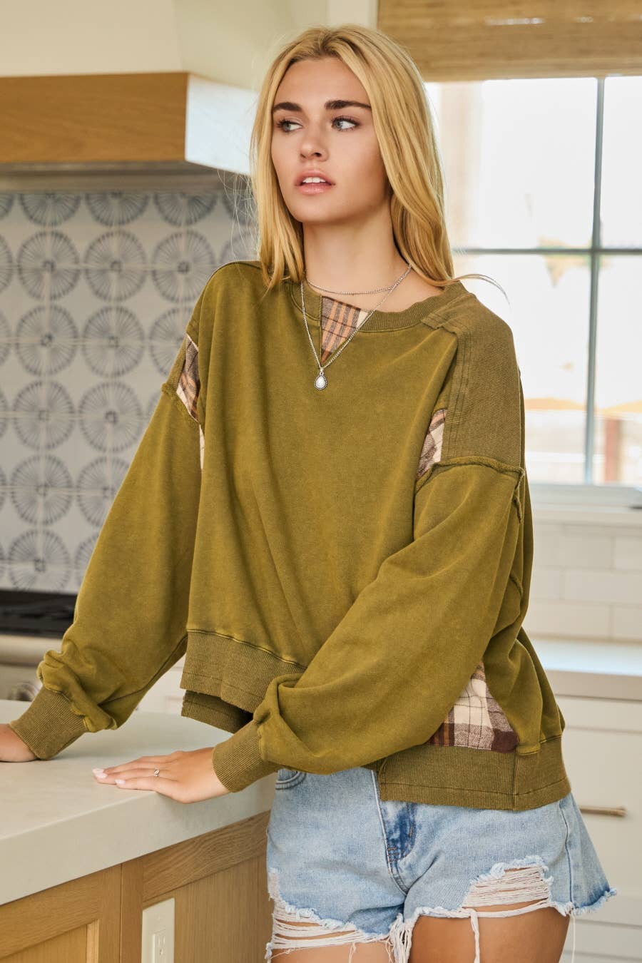 Acid Washed Plaid Sweatshirts: Washed Black / S