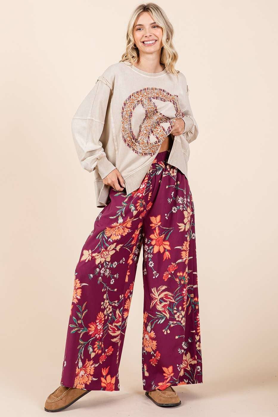 FLOWER PRINT ELASTIC WAIST MID RISE WIDE LEG PANTS