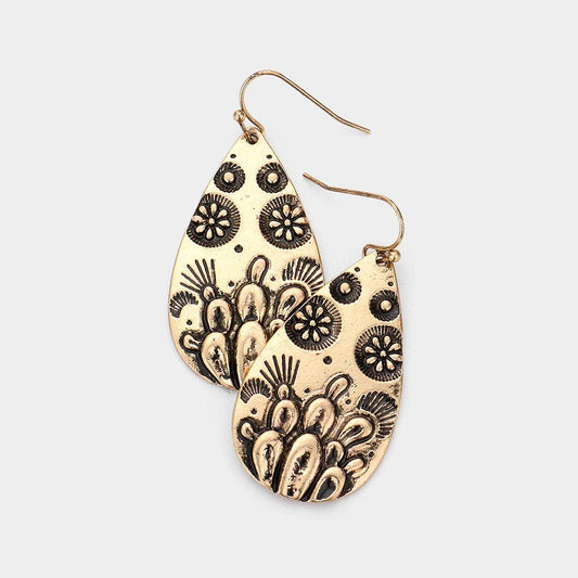 Patterned Antique Metal Teardrop Dangle Earrings