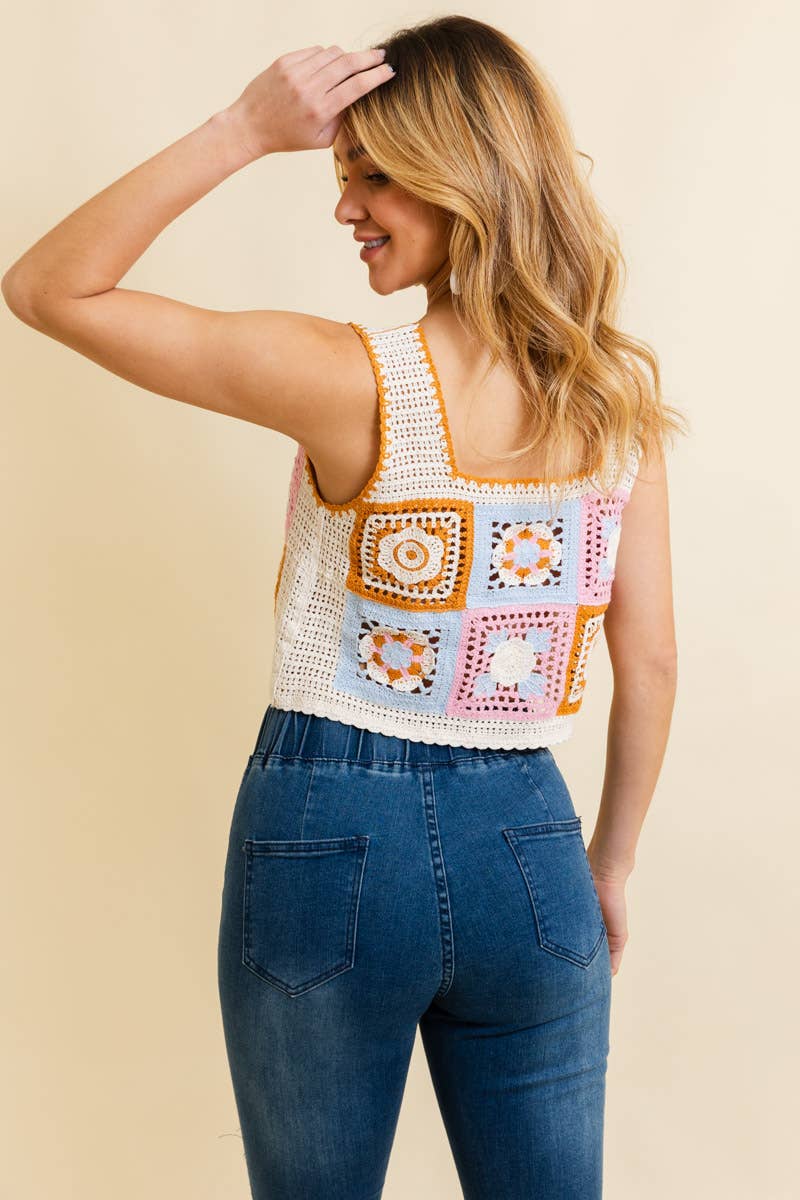 Summer Floral Mosaic Embroidered Crochet Top