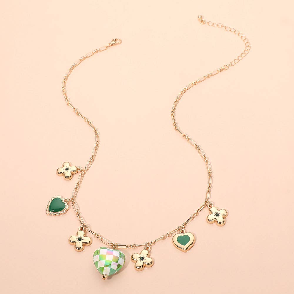 Heart Flower Motif Charm Station Necklace