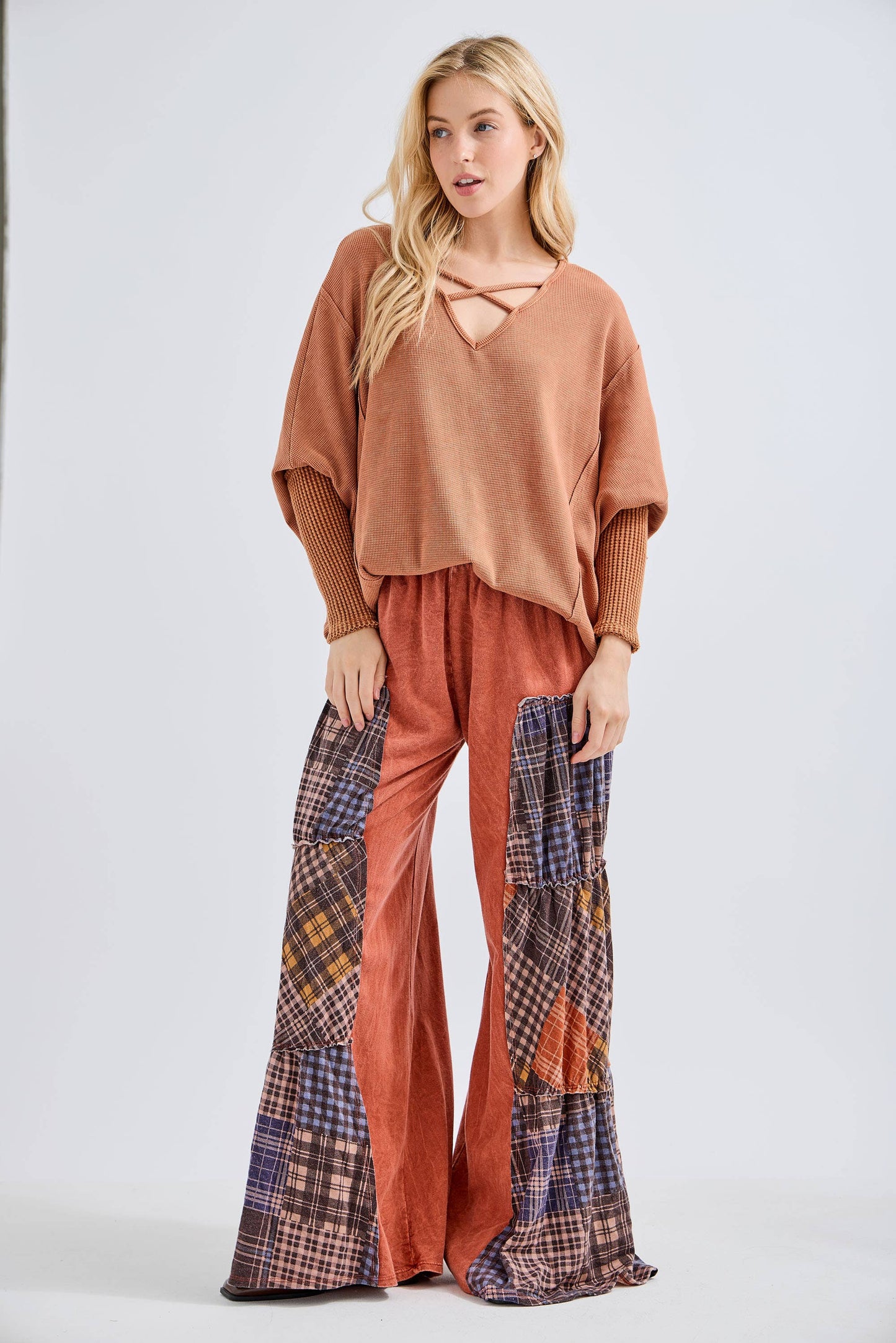 Mineral Washed Tiered Plaid Wide Flare pants HP6675: Olive / S-M-L / 2-2-2