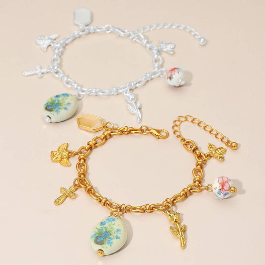 Vintage Floral Ceramic Charm Metal Angel Flower Stem Honey Bee Charm Station Bracelet: Green,Matte Silver