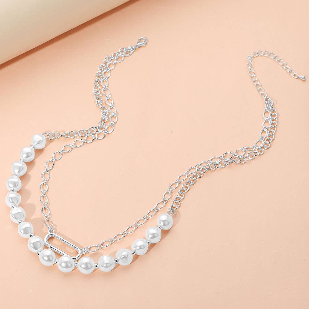 Pearl Chain Link Layered Necklace: Cream,Gold