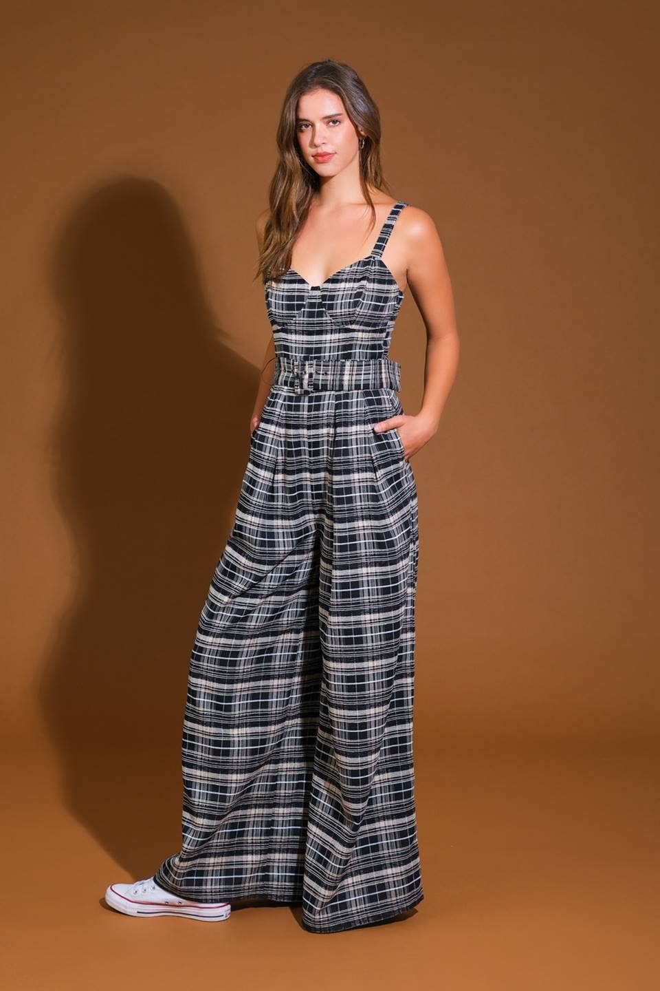 Flying Tomato woven plaid jumpsuit