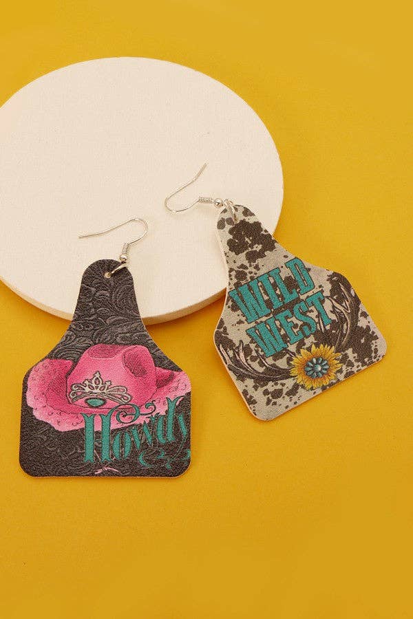 WESTERN PRINT PU LEATHER EARRINGS | 40E244: HOWDY